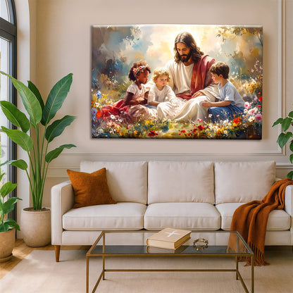 Framed wall art of Jesus reading with children in a colorful flower field