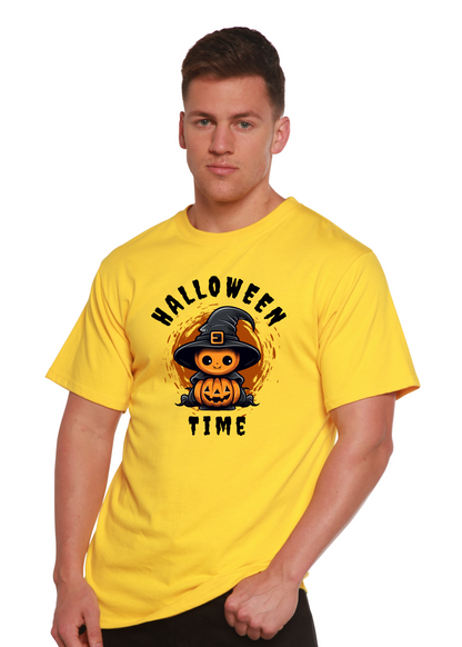 Unisex Halloween graphic T-shirt, crew neck; yellow short sleeve with witch-pumpkin front print