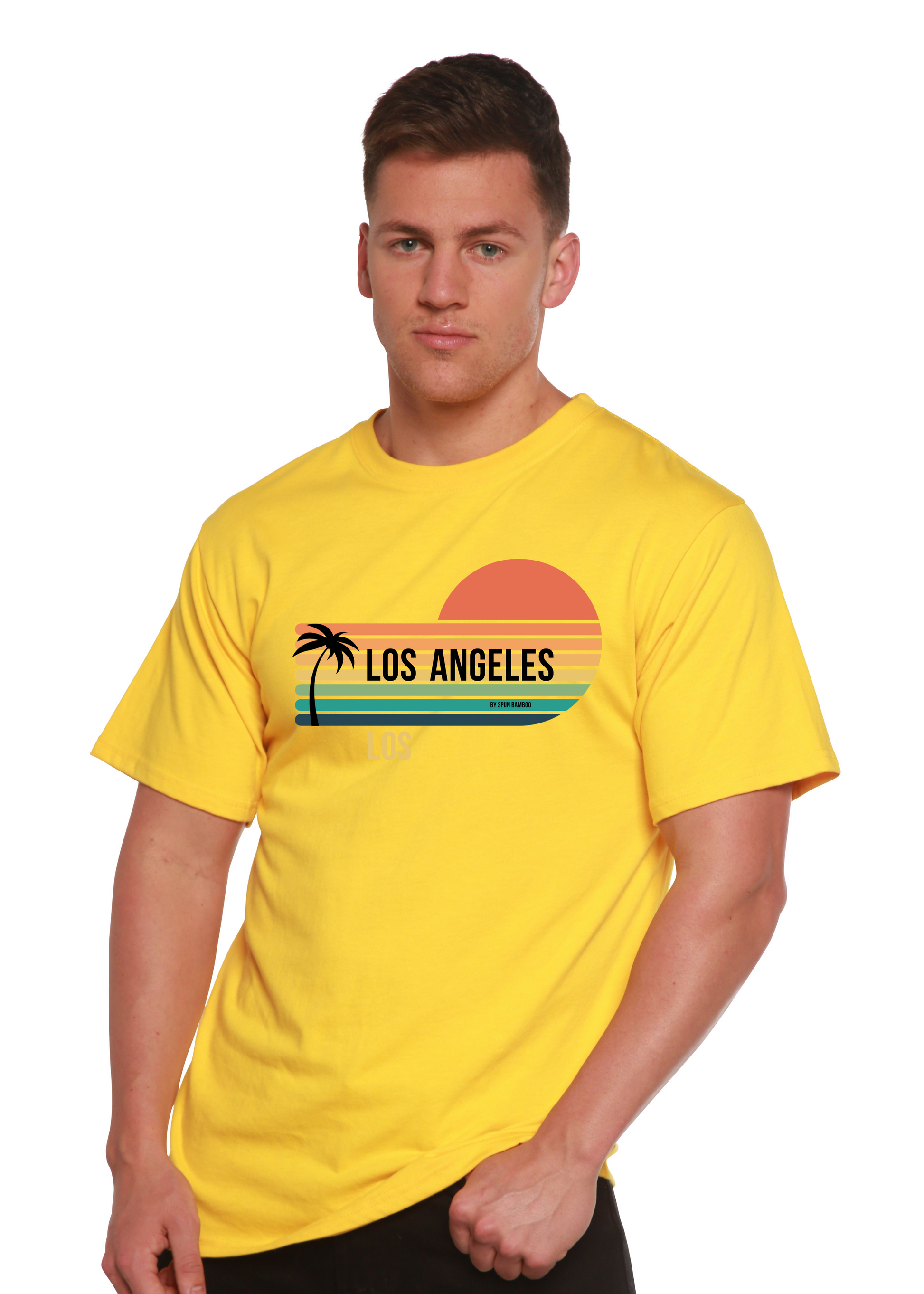 Unisex short-sleeve graphic T-shirt in bright yellow with Los Angeles sunset palm print