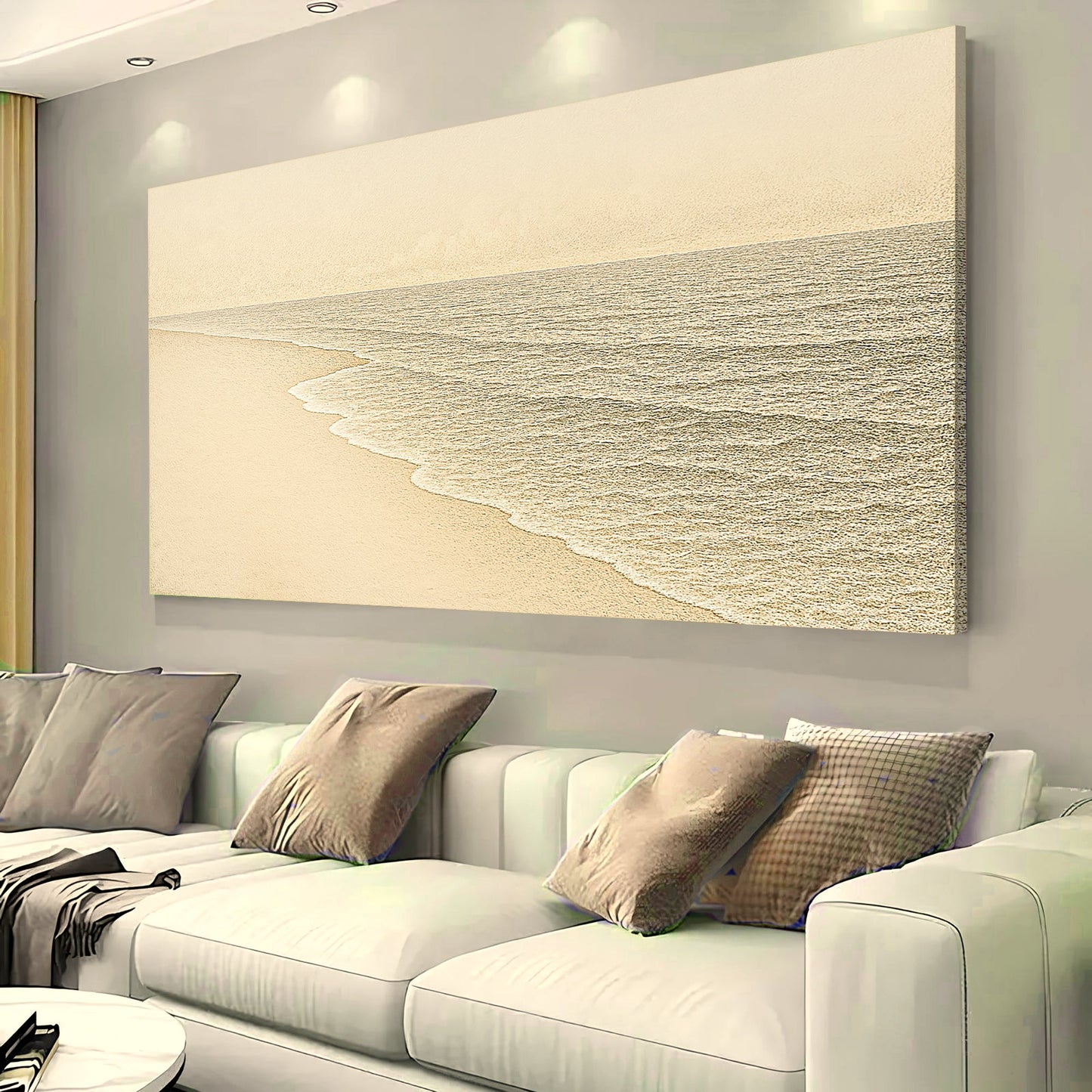 Coastal wall art canvas featuring a sandy beach edge with textured gray ocean