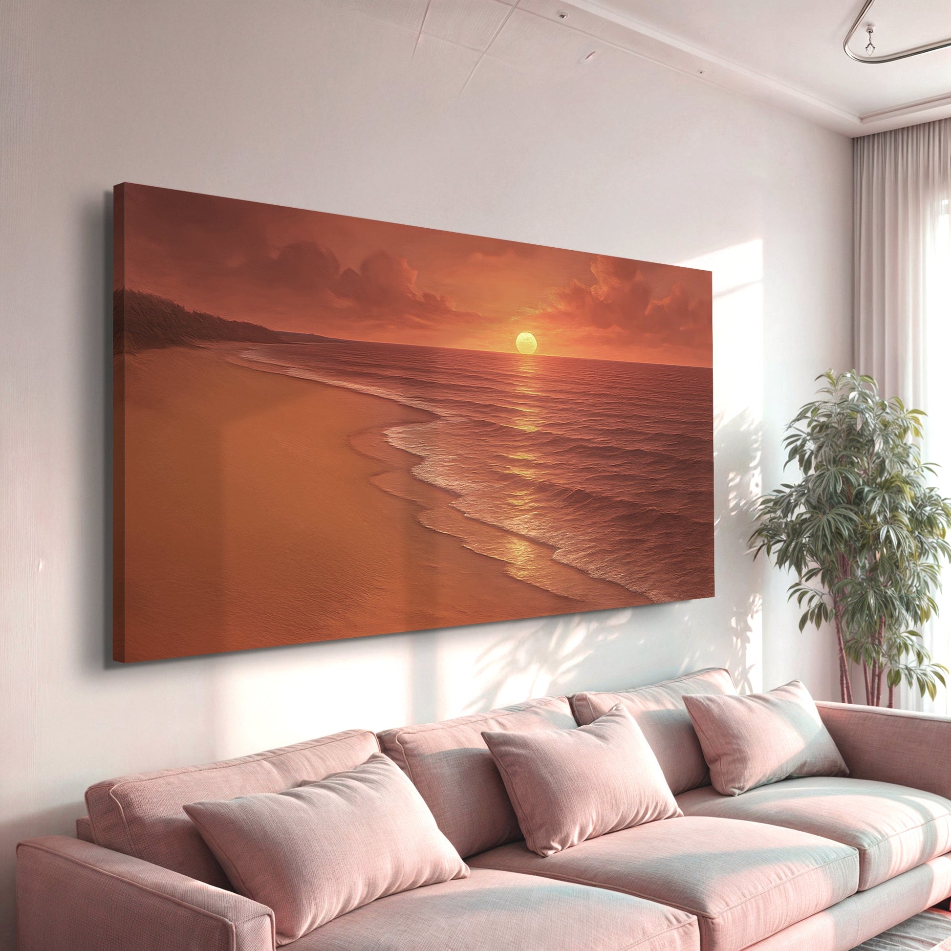 Coastal beach wall art canvas featuring sunset over the ocean and a winding shoreline.