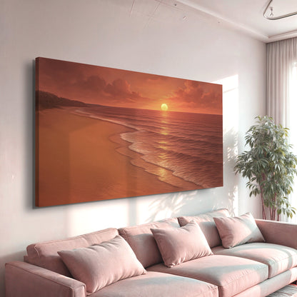 Coastal beach wall art canvas featuring sunset over the ocean and a winding shoreline.
