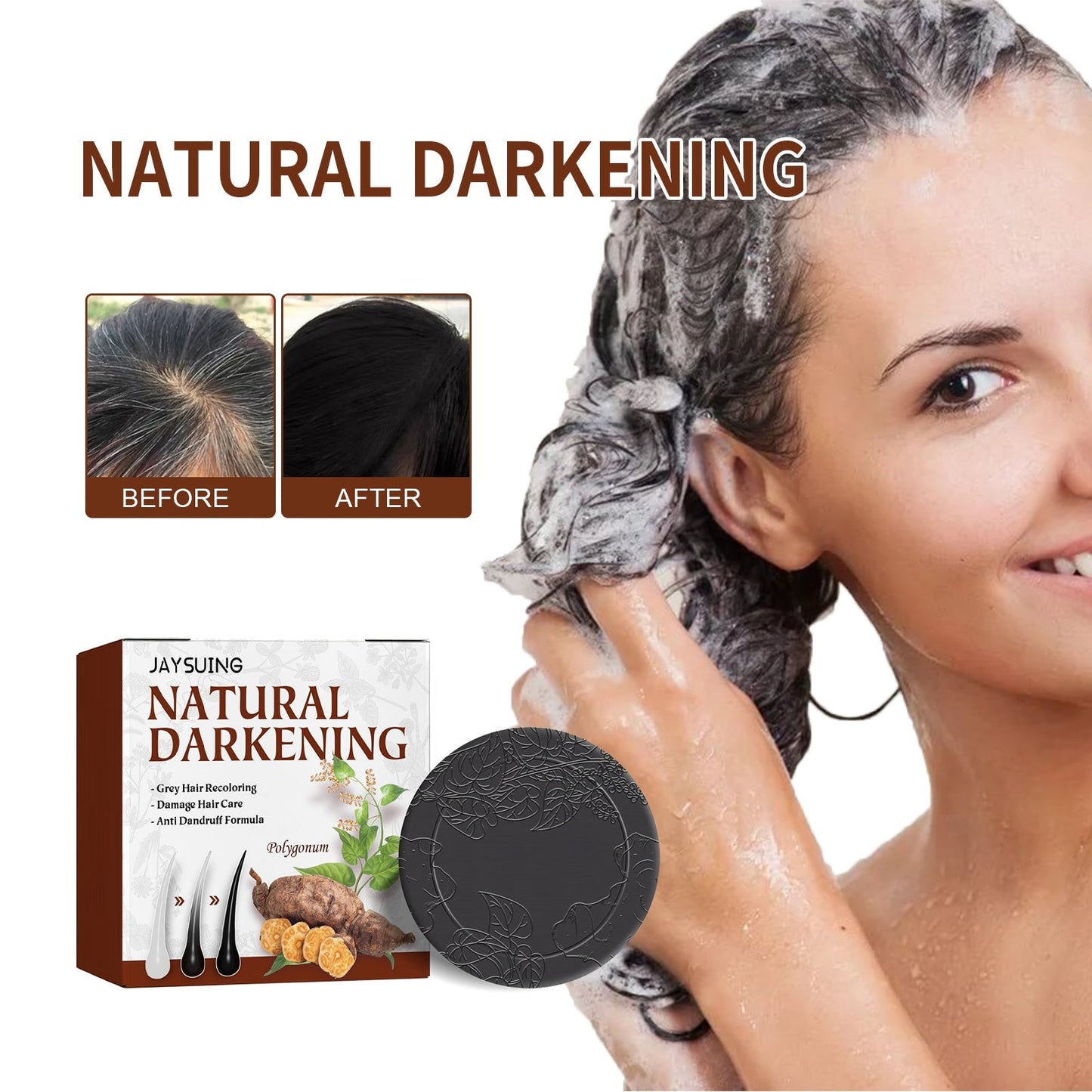 Fo-Ti darkening shampoo bar with box, shown with foamy hair-wash lather