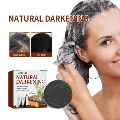 Fo-Ti darkening shampoo bar with box, shown with foamy hair-wash lather