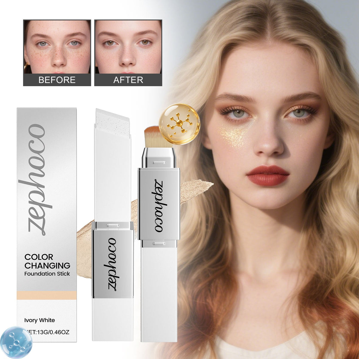 Ivory white 2-in-1 color-changing foundation stick with brush applicator