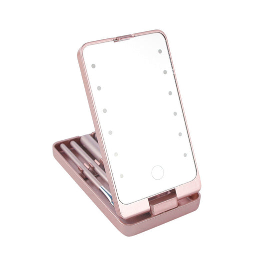 Folding makeup mirror set with pink hinged case and white mirror surface