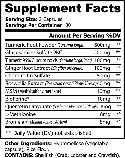 Supplement Facts panel for turmeric capsules with ingredient amounts
