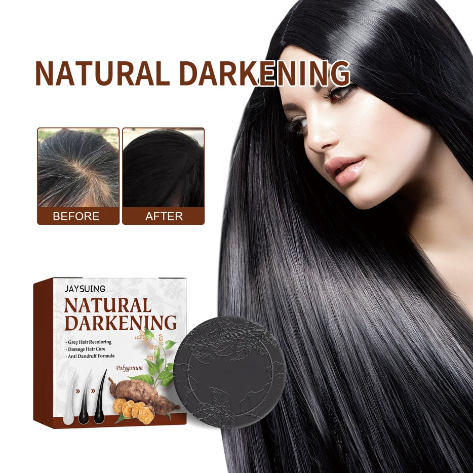 Darkening shampoo bar with round black bar and Natural Darkening box near long black hair