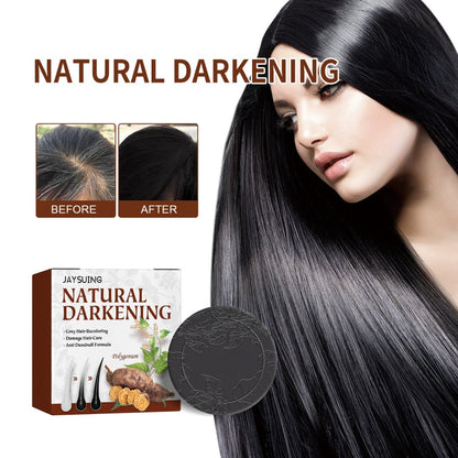 Darkening shampoo bar with round black bar and Natural Darkening box near long black hair