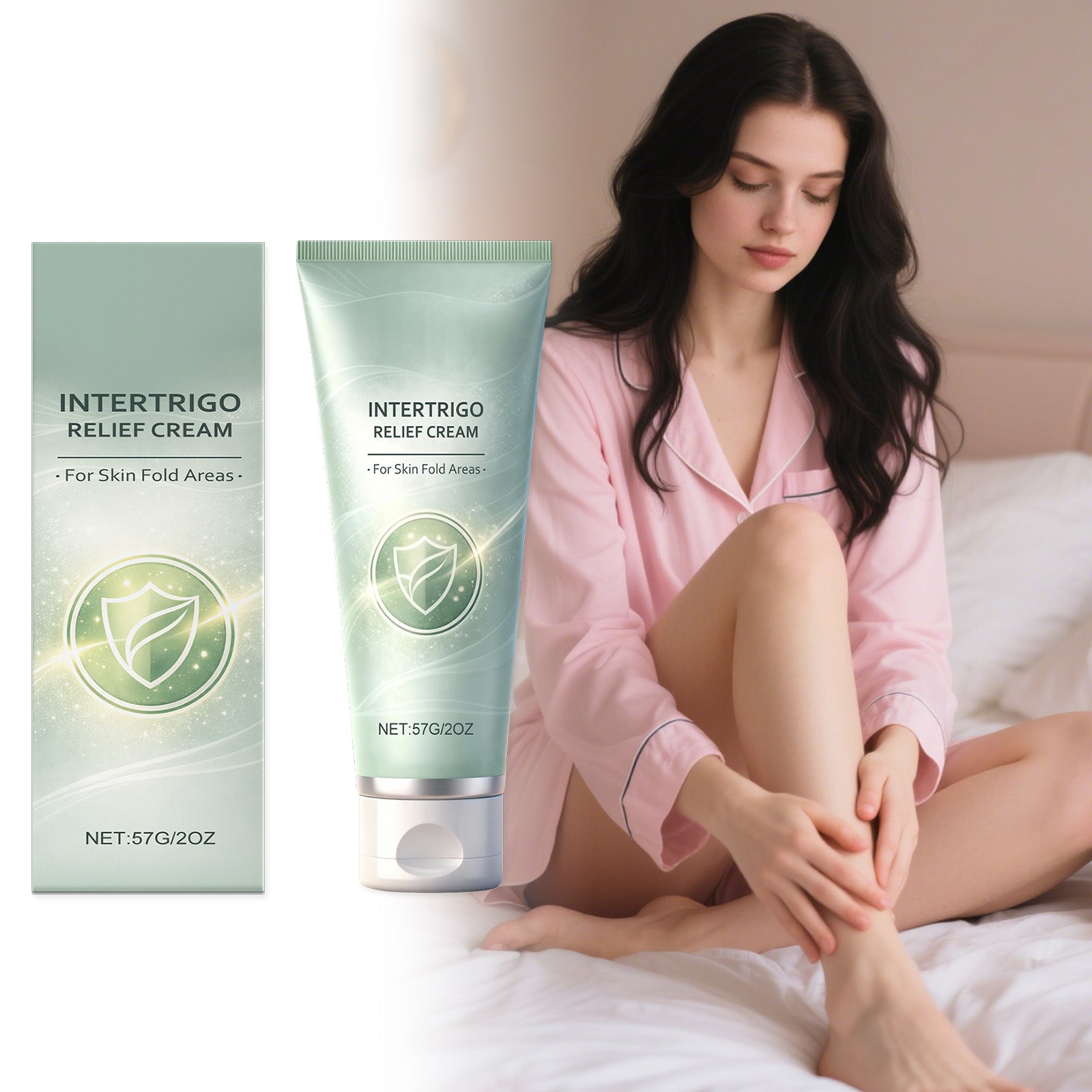 Intertrigo relief cream tube and box beside a person applying cream to skin