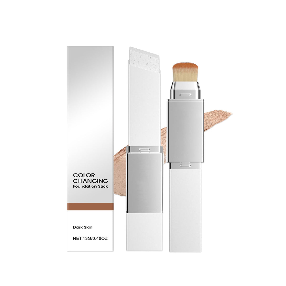 Color-changing foundation stick set with silver tube, brush top, and boxed product.