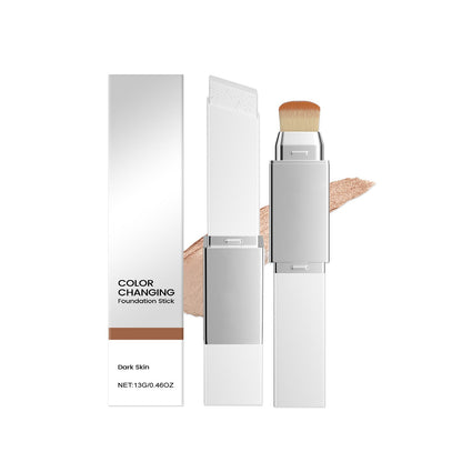 Color-changing foundation stick set with silver tube, brush top, and boxed product.