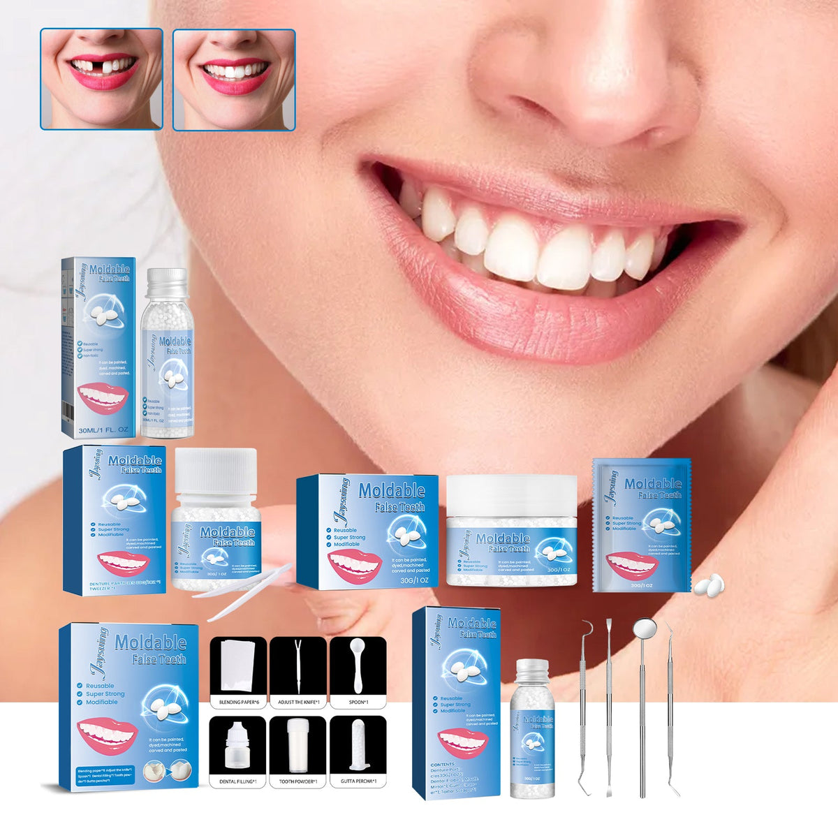 Smiling lips and teeth with cosmetic denture fitting kit, blue box, gel jars, and tools