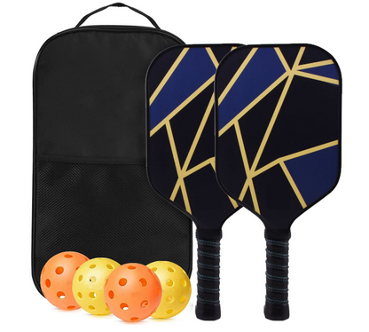Pickleball paddle set with bag, two blue paddles, four orange and yellow balls