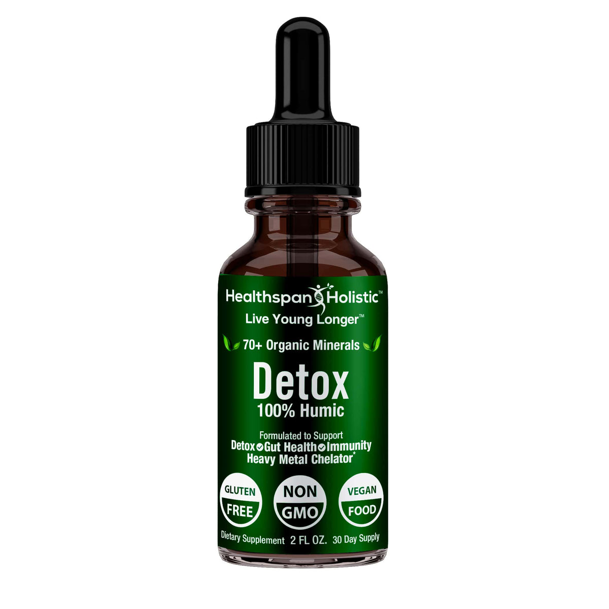 Healthspan Holistic Detox 100% Humic mineral concentrate bottle with dropper