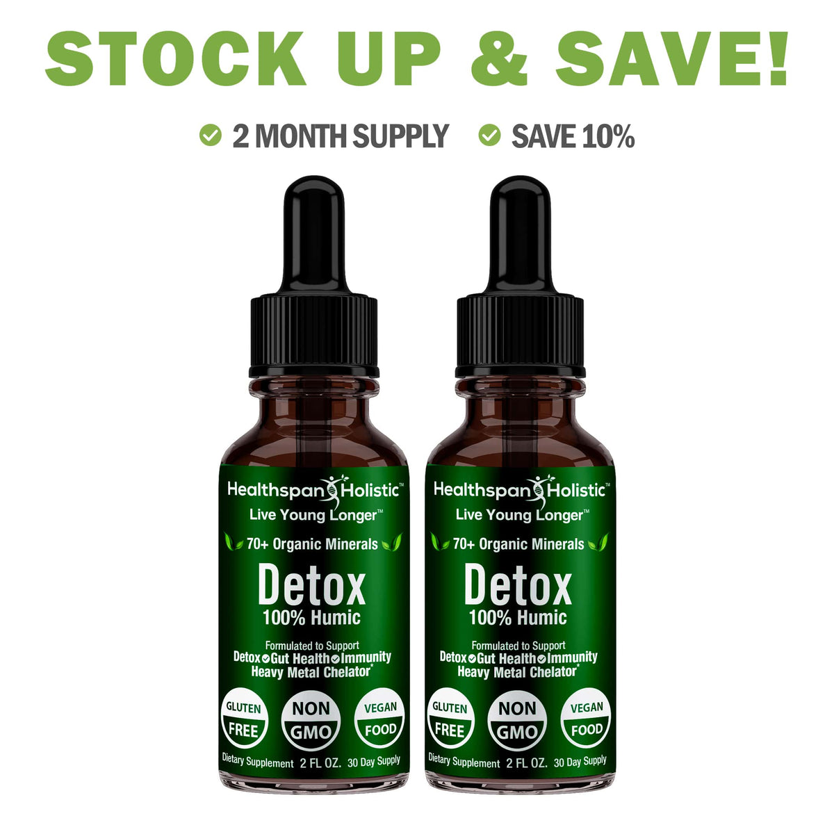 Two Healthspan Holistic Detox 100% Humic dropper bottles