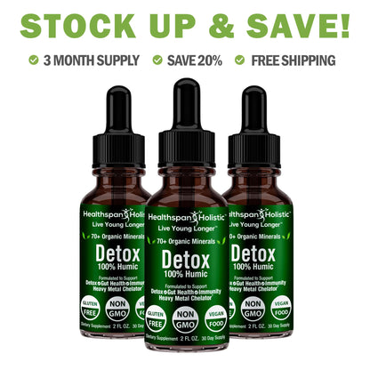 Three Healthspan Holistic Detox 100% Humic dropper bottles