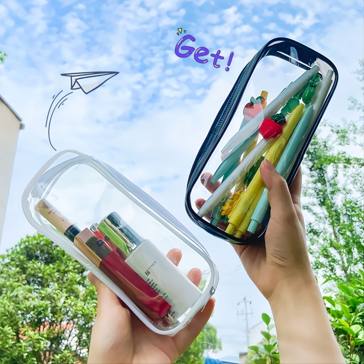 2pcs Stylish Black & White Clear PVC Zipper Pencil Bag - Perfect for Toiletries, Exam Supplies, Travel & Makeup - Renee Lane Company