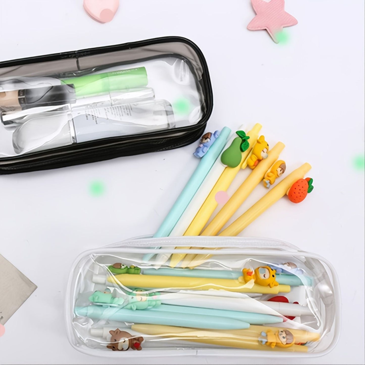 2pcs Stylish Black & White Clear PVC Zipper Pencil Bag - Perfect for Toiletries, Exam Supplies, Travel & Makeup - Renee Lane Company