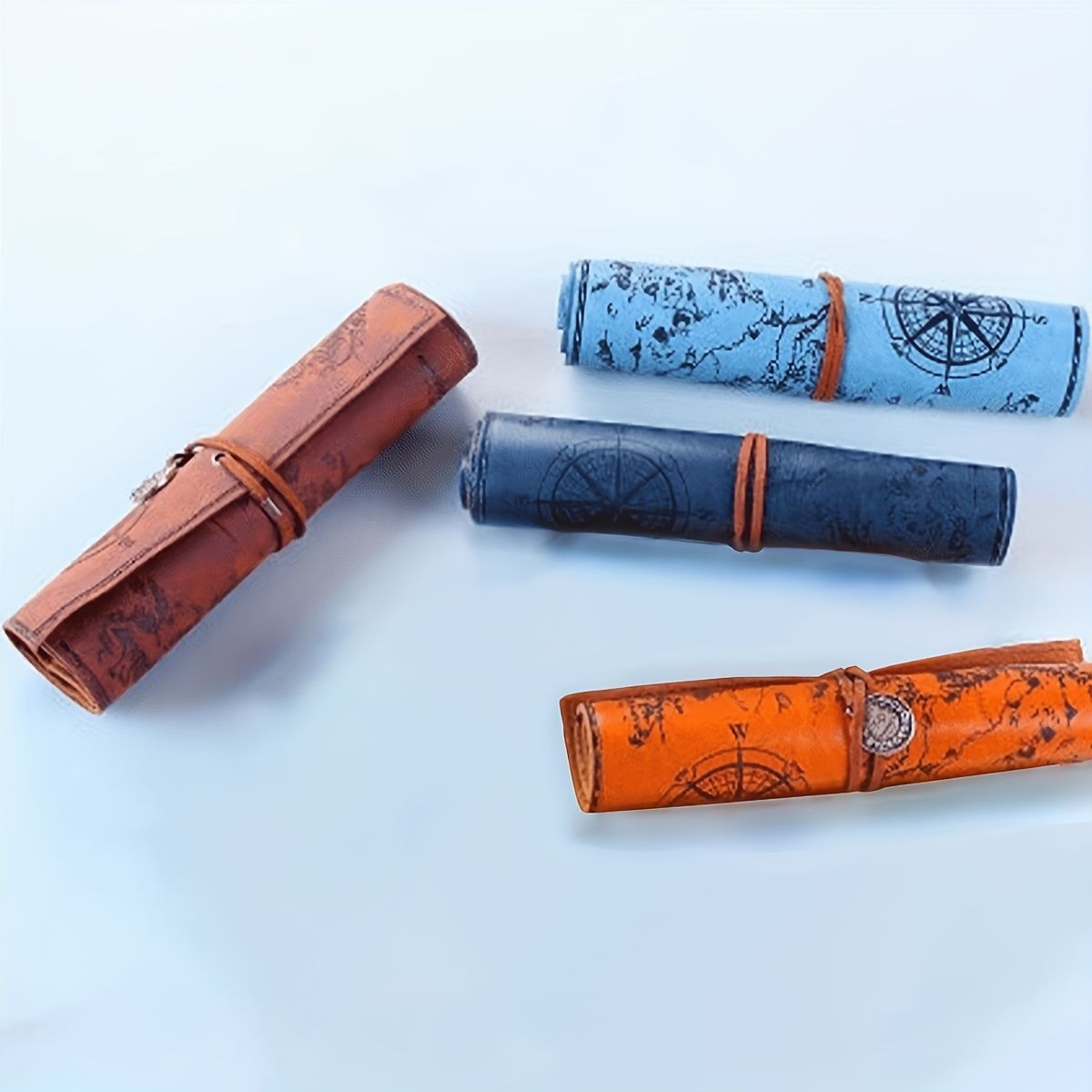 2pcs Vintage Treasure Map Pencil Pouch: 1pc PU Leather Roll-up Pen Bag for Cosmetic & Stationery Storage in Office & School Supplies - Renee Lane Company