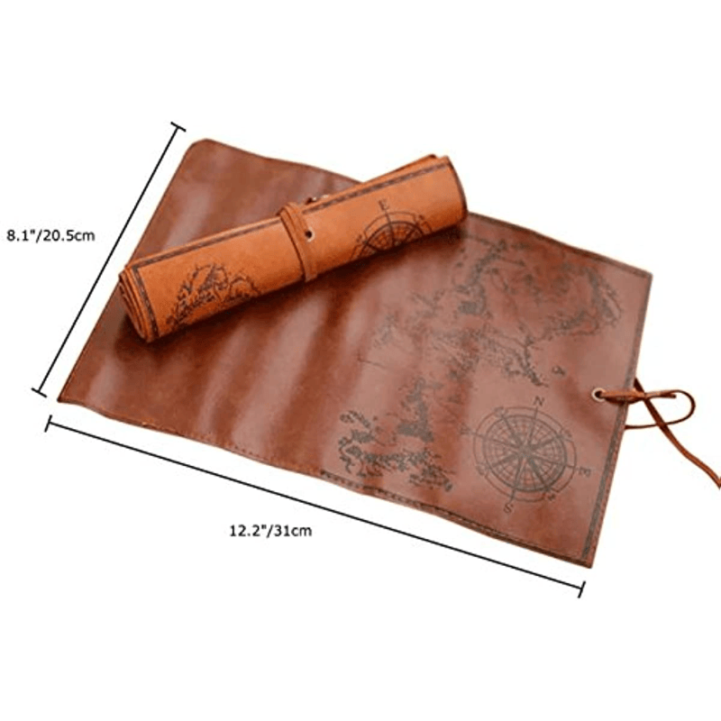 2pcs Vintage Treasure Map Pencil Pouch: 1pc PU Leather Roll-up Pen Bag for Cosmetic & Stationery Storage in Office & School Supplies - Renee Lane Company