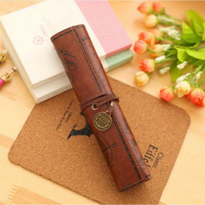2pcs Vintage Treasure Map Pencil Pouch: 1pc PU Leather Roll-up Pen Bag for Cosmetic & Stationery Storage in Office & School Supplies - Renee Lane Company