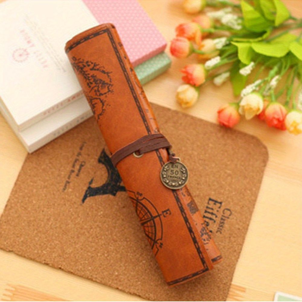 2pcs Vintage Treasure Map Pencil Pouch: 1pc PU Leather Roll-up Pen Bag for Cosmetic & Stationery Storage in Office & School Supplies - Renee Lane Company