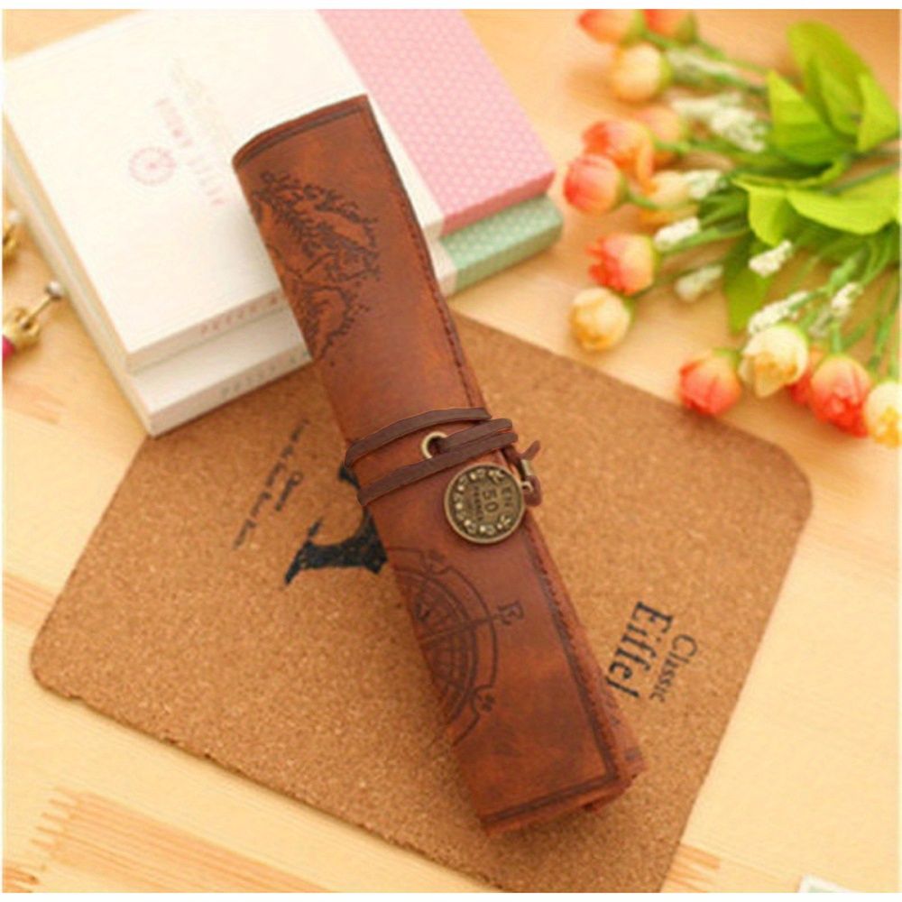 2pcs Vintage Treasure Map Pencil Pouch: 1pc PU Leather Roll-up Pen Bag for Cosmetic & Stationery Storage in Office & School Supplies - Renee Lane Company