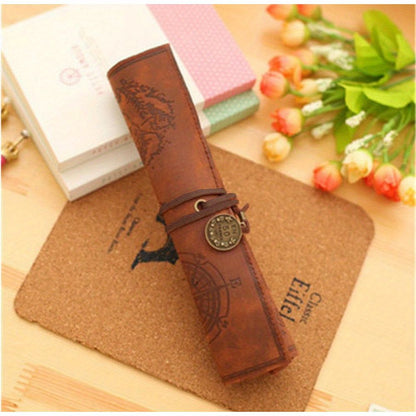 2pcs Vintage Treasure Map Pencil Pouch: 1pc PU Leather Roll-up Pen Bag for Cosmetic & Stationery Storage in Office & School Supplies - Renee Lane Company