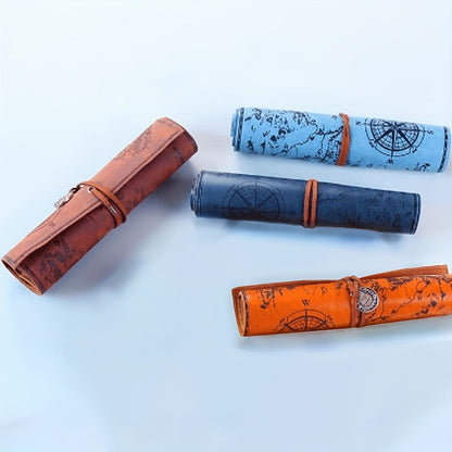 2pcs Vintage Treasure Map Pencil Pouch: 1pc PU Leather Roll-up Pen Bag for Cosmetic & Stationery Storage in Office & School Supplies - Renee Lane Company