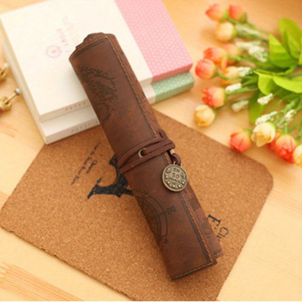 2pcs Vintage Treasure Map Pencil Pouch: 1pc PU Leather Roll-up Pen Bag for Cosmetic & Stationery Storage in Office & School Supplies - Renee Lane Company