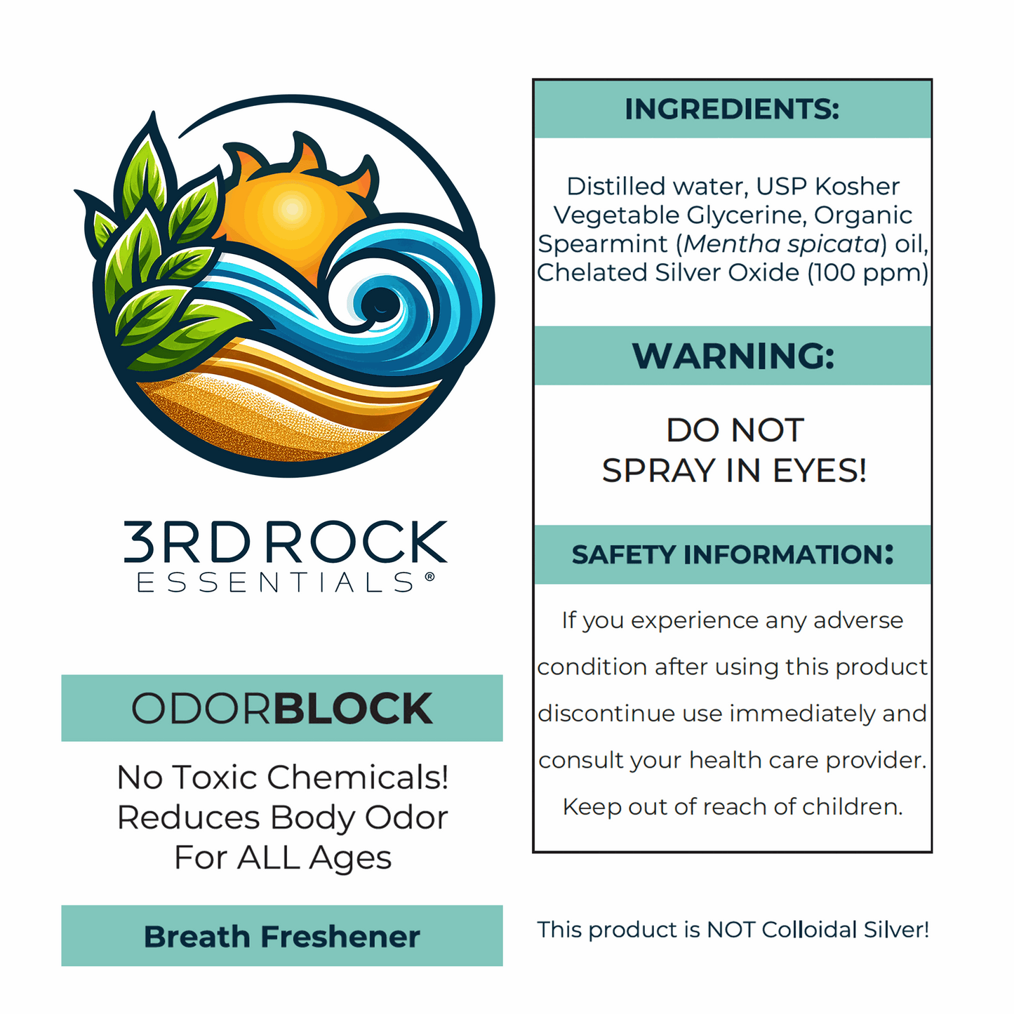 Breath freshener spray label showing ingredients and safety information panels