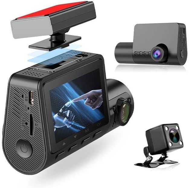3 Channel Dash Cam for Car with 1080 + 1080 + 480p Three Lenses, Wide Angle Monitoring Range of 140° + 140° + 130°, 24-Hour Parking Monitoring, 4 Infrared Lamps with 64GB Memory Card - Renee Lane Company