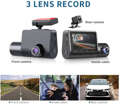 3 Channel Dash Cam for Car with 1080 + 1080 + 480p Three Lenses, Wide Angle Monitoring Range of 140° + 140° + 130°, 24-Hour Parking Monitoring, 4 Infrared Lamps with 64GB Memory Card - Renee Lane Company