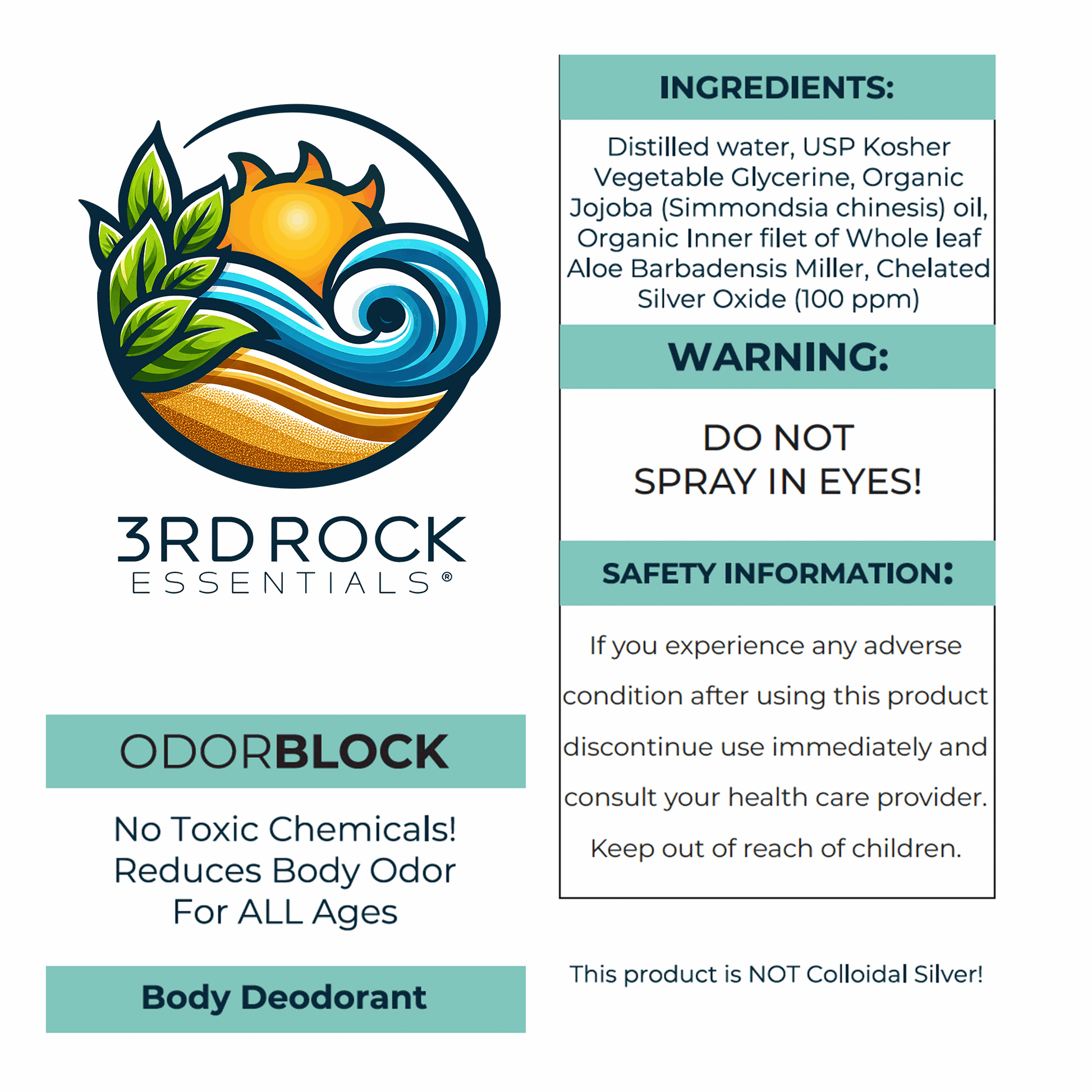 Body deodorant carton label showing ingredients, warning, and safety information.