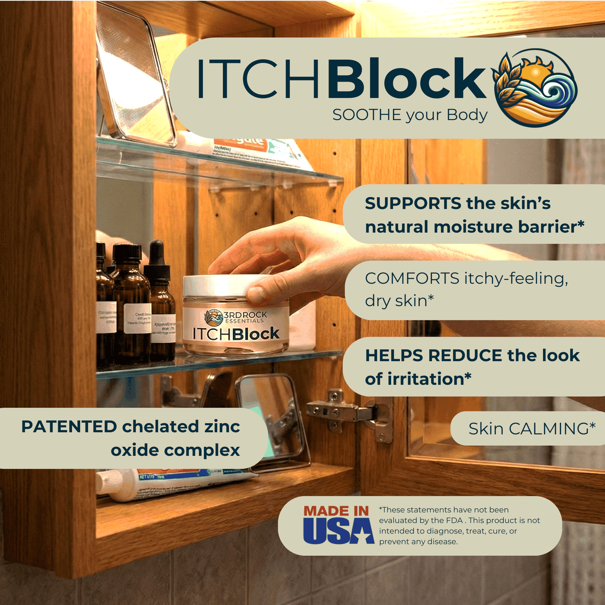 Itch relief cream jar on bathroom shelf with informational label