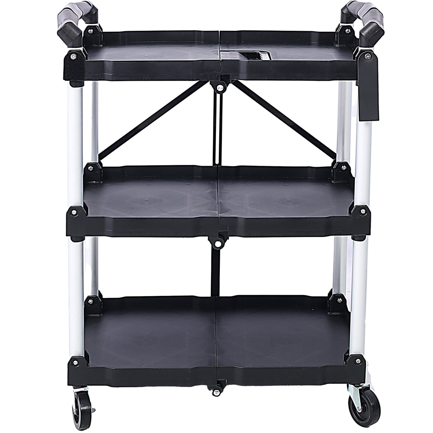 3 Layers Folding Collapsible Service Cart Pack-N-Roll Folding Collapsible Service Cart, Black, 50 Lb. Load Capacity per Shelf - Renee Lane Company