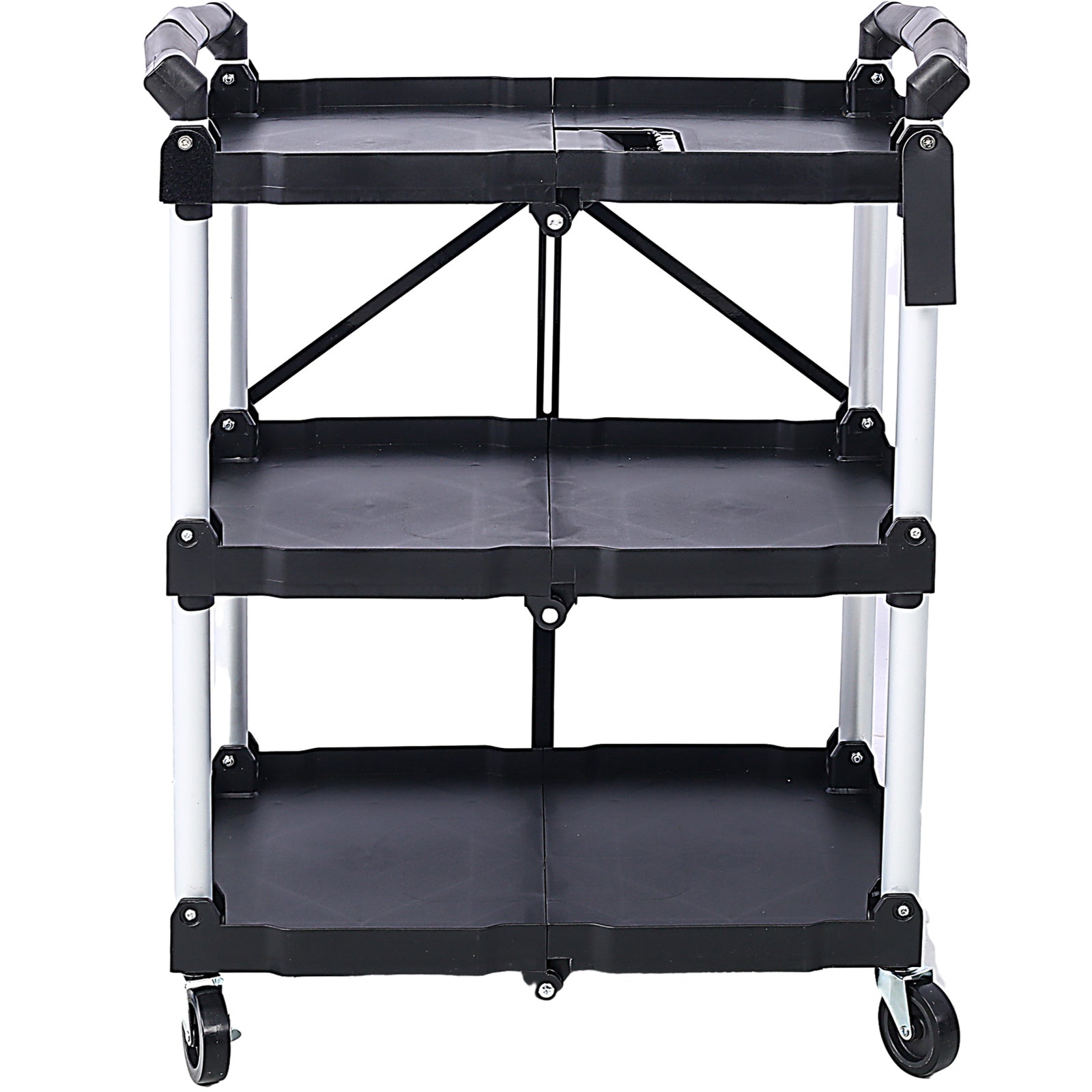 3 Layers Folding Collapsible Service Cart Pack-N-Roll Folding Collapsible Service Cart, Black, 50 Lb. Load Capacity per Shelf - Renee Lane Company
