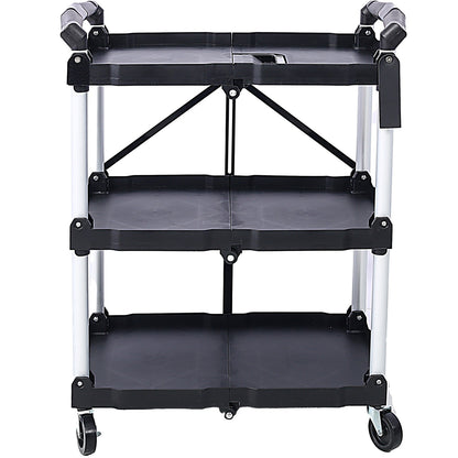 3 Layers Folding Collapsible Service Cart Pack-N-Roll Folding Collapsible Service Cart, Black, 50 Lb. Load Capacity per Shelf - Renee Lane Company