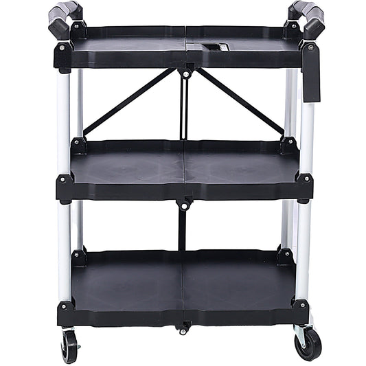 3 Layers Folding Collapsible Service Cart Pack-N-Roll Folding Collapsible Service Cart, Black, 50 Lb. Load Capacity per Shelf - Renee Lane Company