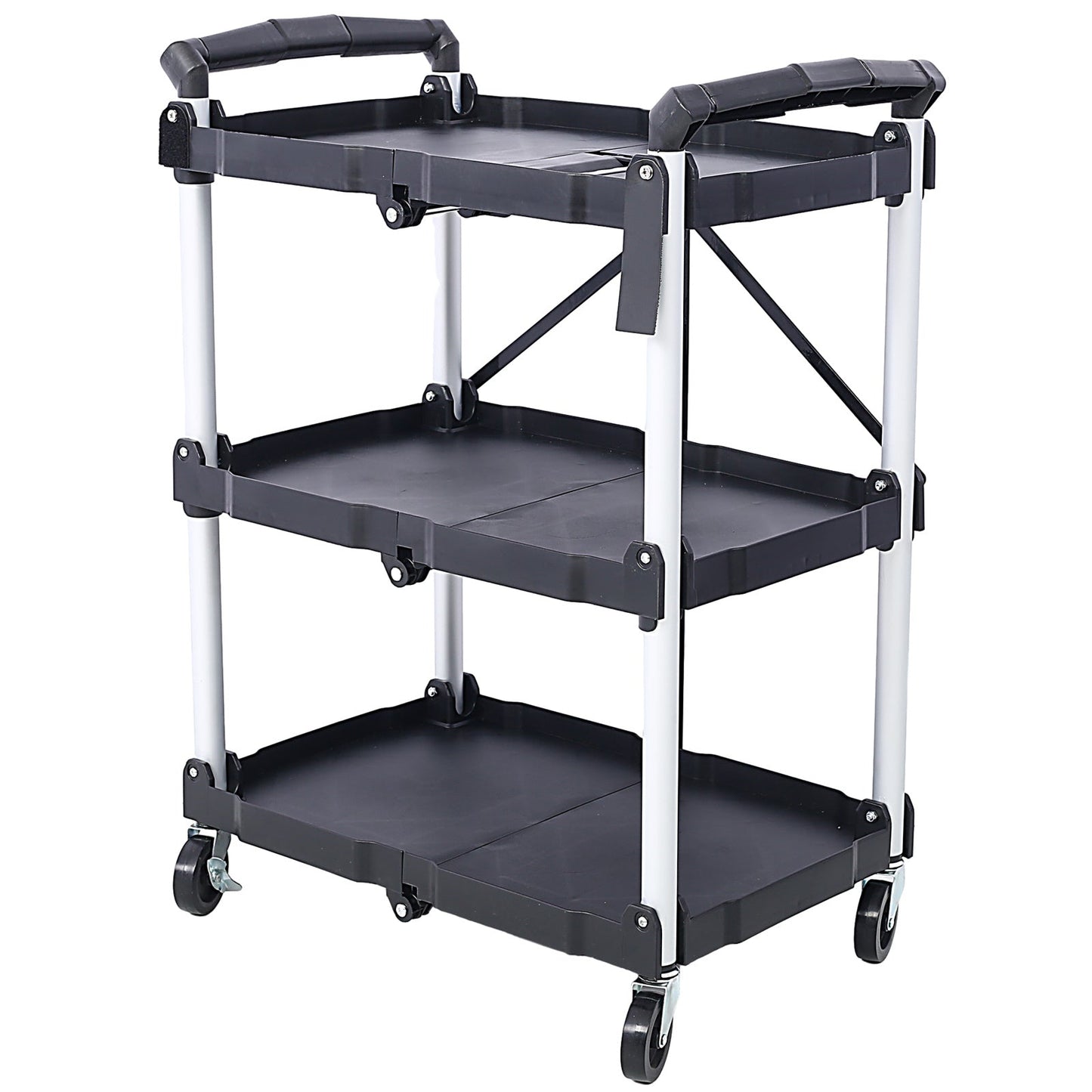 3 Layers Folding Collapsible Service Cart Pack-N-Roll Folding Collapsible Service Cart, Black, 50 Lb. Load Capacity per Shelf - Renee Lane Company