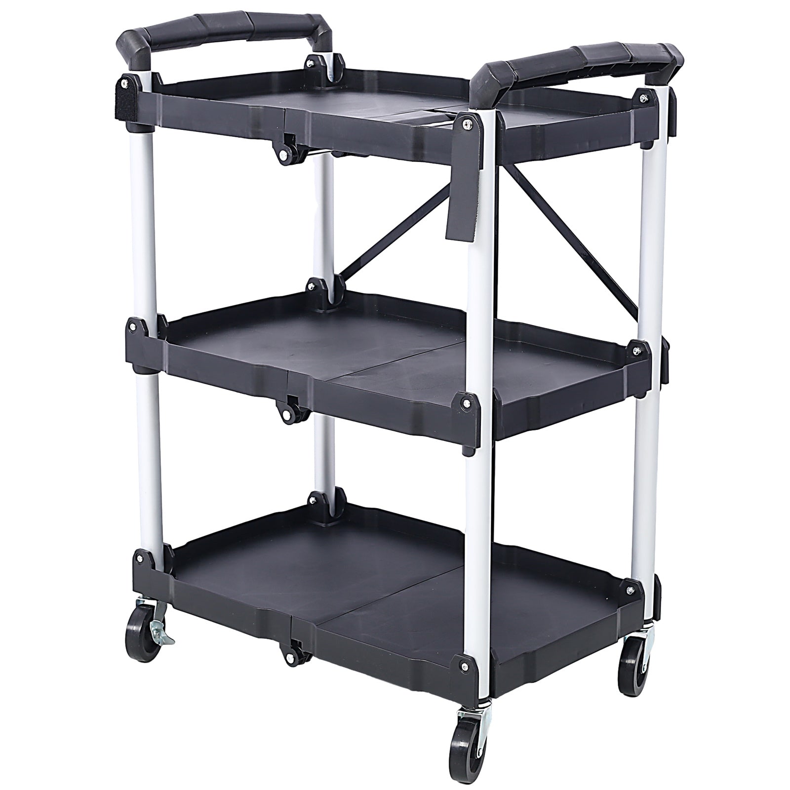 3 Layers Folding Collapsible Service Cart Pack-N-Roll Folding Collapsible Service Cart, Black, 50 Lb. Load Capacity per Shelf - Renee Lane Company