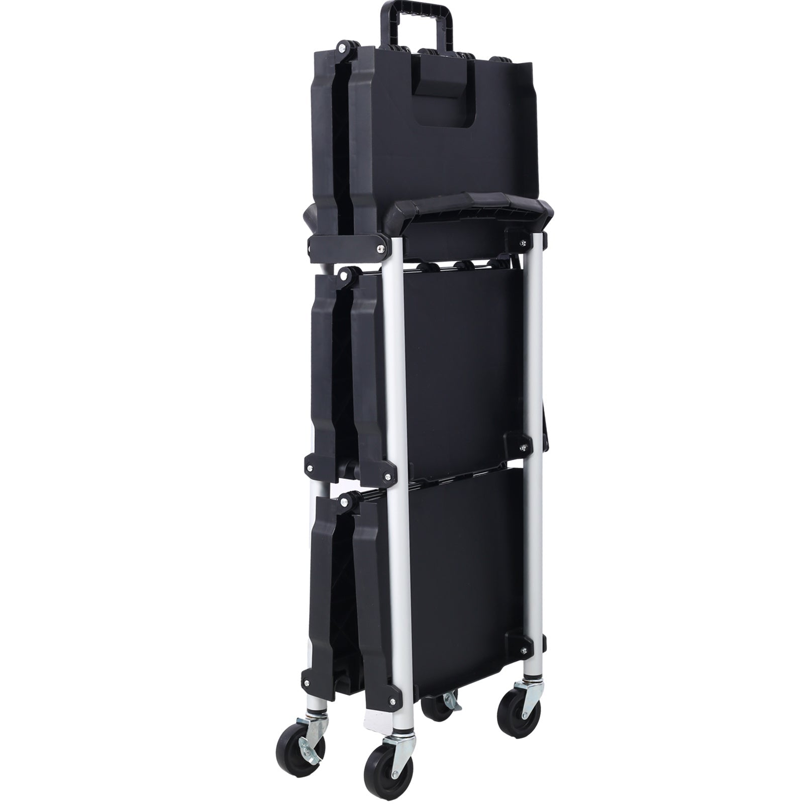 3 Layers Folding Collapsible Service Cart Pack-N-Roll Folding Collapsible Service Cart, Black, 50 Lb. Load Capacity per Shelf - Renee Lane Company