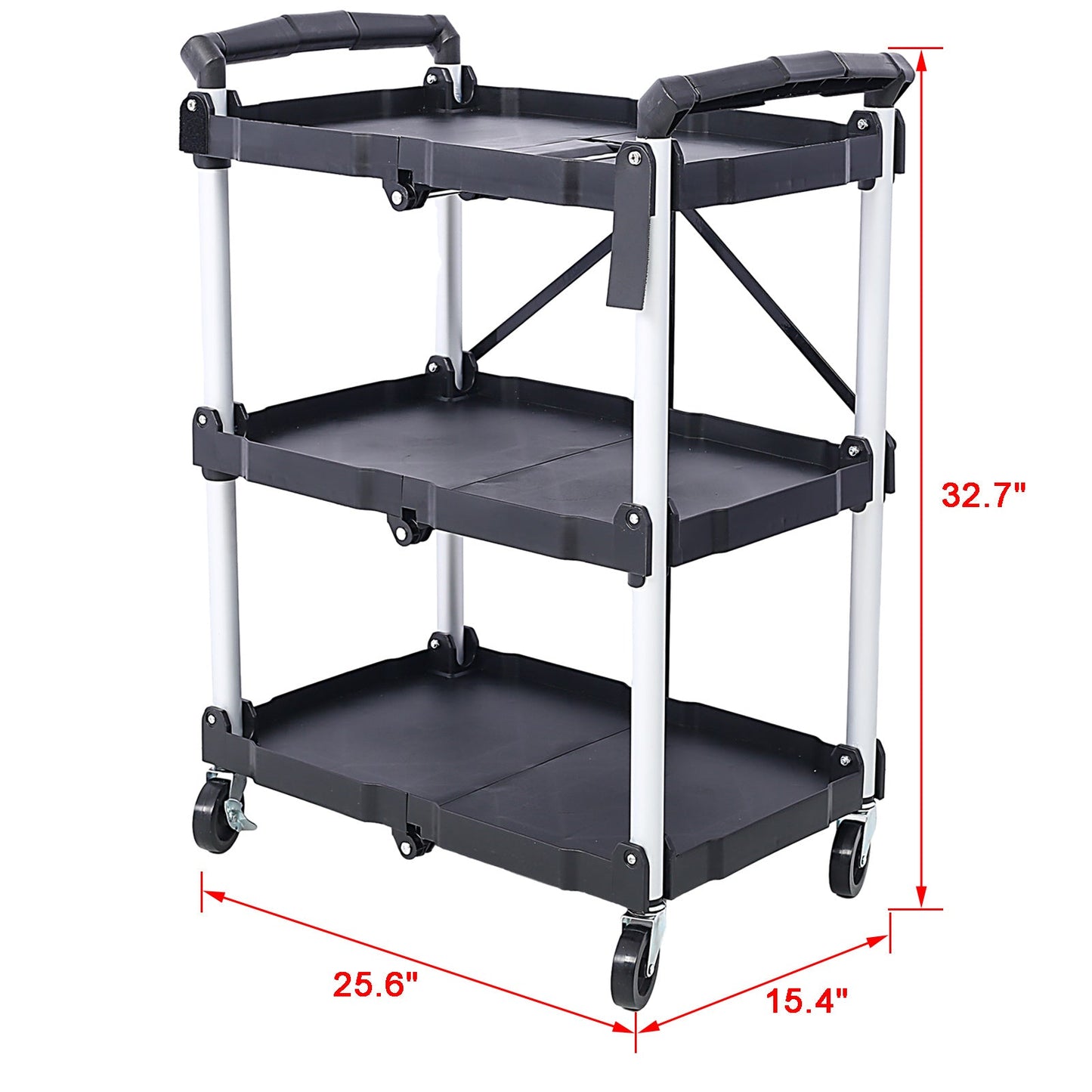 3 Layers Folding Collapsible Service Cart Pack-N-Roll Folding Collapsible Service Cart, Black, 50 Lb. Load Capacity per Shelf - Renee Lane Company