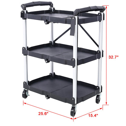 3 Layers Folding Collapsible Service Cart Pack-N-Roll Folding Collapsible Service Cart, Black, 50 Lb. Load Capacity per Shelf - Renee Lane Company