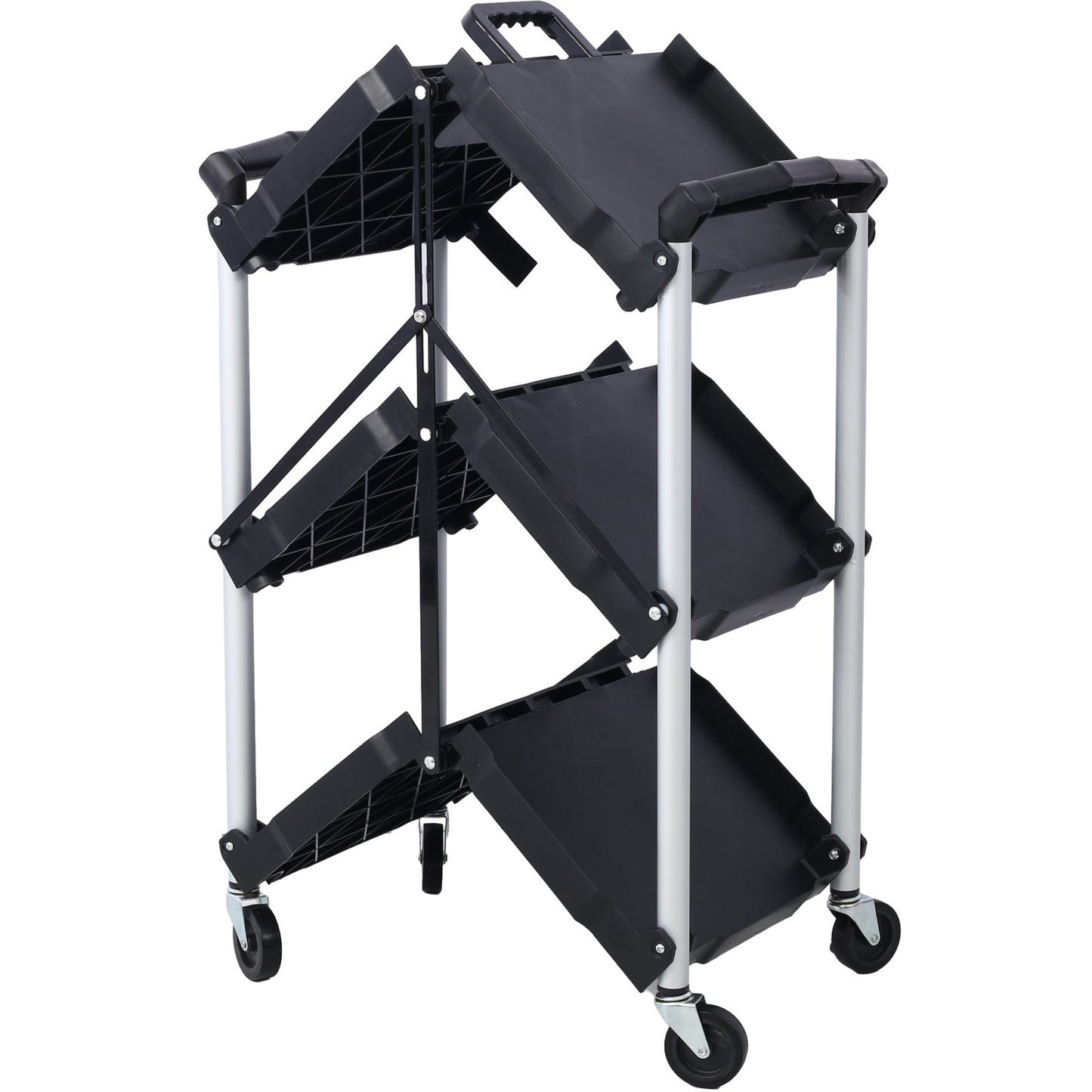 3 Layers Folding Collapsible Service Cart Pack-N-Roll Folding Collapsible Service Cart, Black, 50 Lb. Load Capacity per Shelf - Renee Lane Company