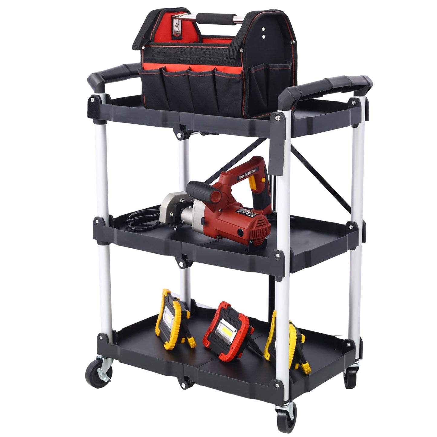3 Layers Folding Collapsible Service Cart Pack-N-Roll Folding Collapsible Service Cart, Black, 50 Lb. Load Capacity per Shelf - Renee Lane Company