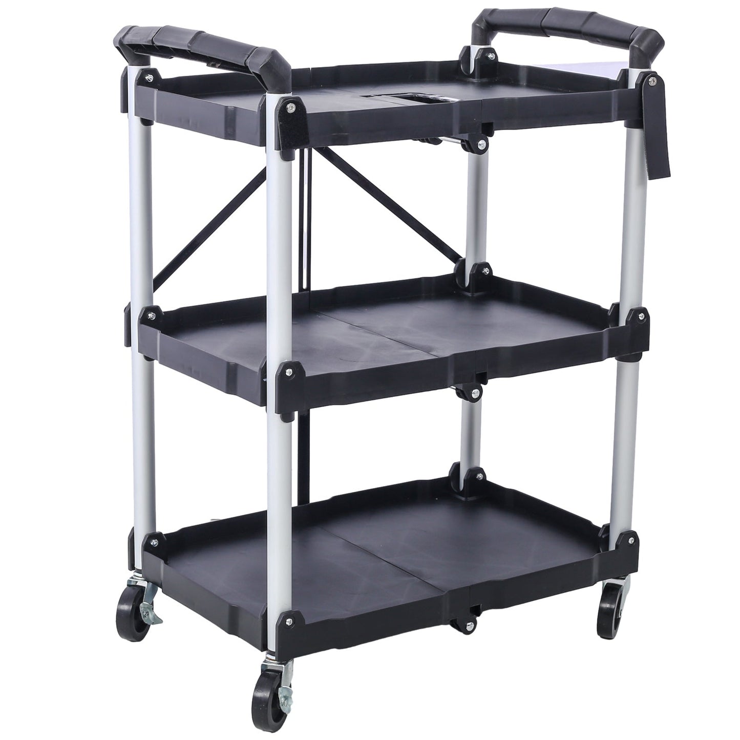 3 Layers Folding Collapsible Service Cart Pack-N-Roll Folding Collapsible Service Cart, Black, 50 Lb. Load Capacity per Shelf - Renee Lane Company