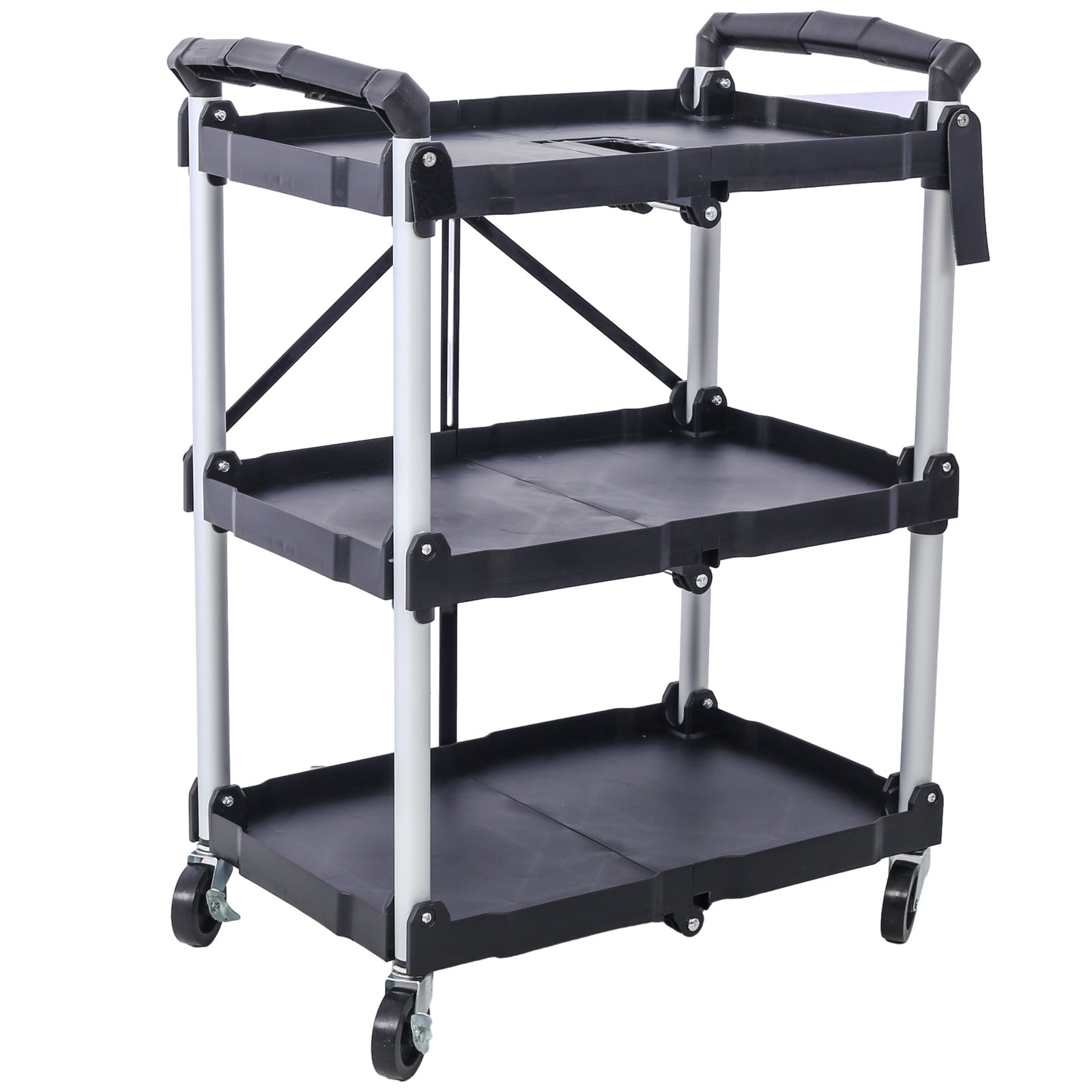 3 Layers Folding Collapsible Service Cart Pack-N-Roll Folding Collapsible Service Cart, Black, 50 Lb. Load Capacity per Shelf - Renee Lane Company