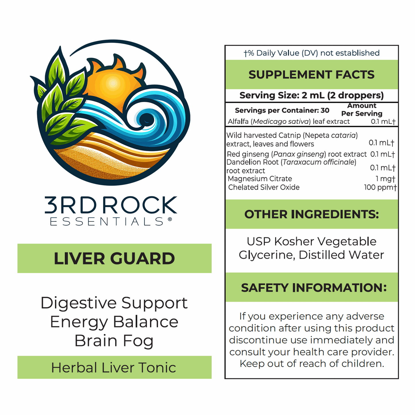 3RDRock Essentials Liver Guard supplement label panel with ingredients and safety info